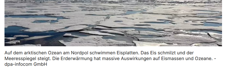 Auf dem arktischen Ozean am Nordpol schwimmen Eisplatten. Das Eis schmilzt und der Meeresspiegel steigt...